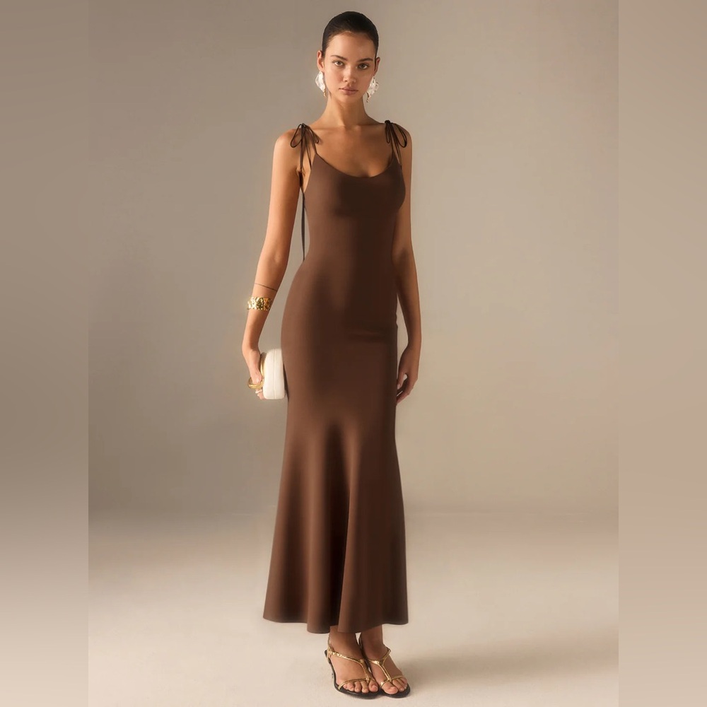 Commense Brown Satin Strappy Maxi Dress with Bow-Tied Back MEDIUM NWT